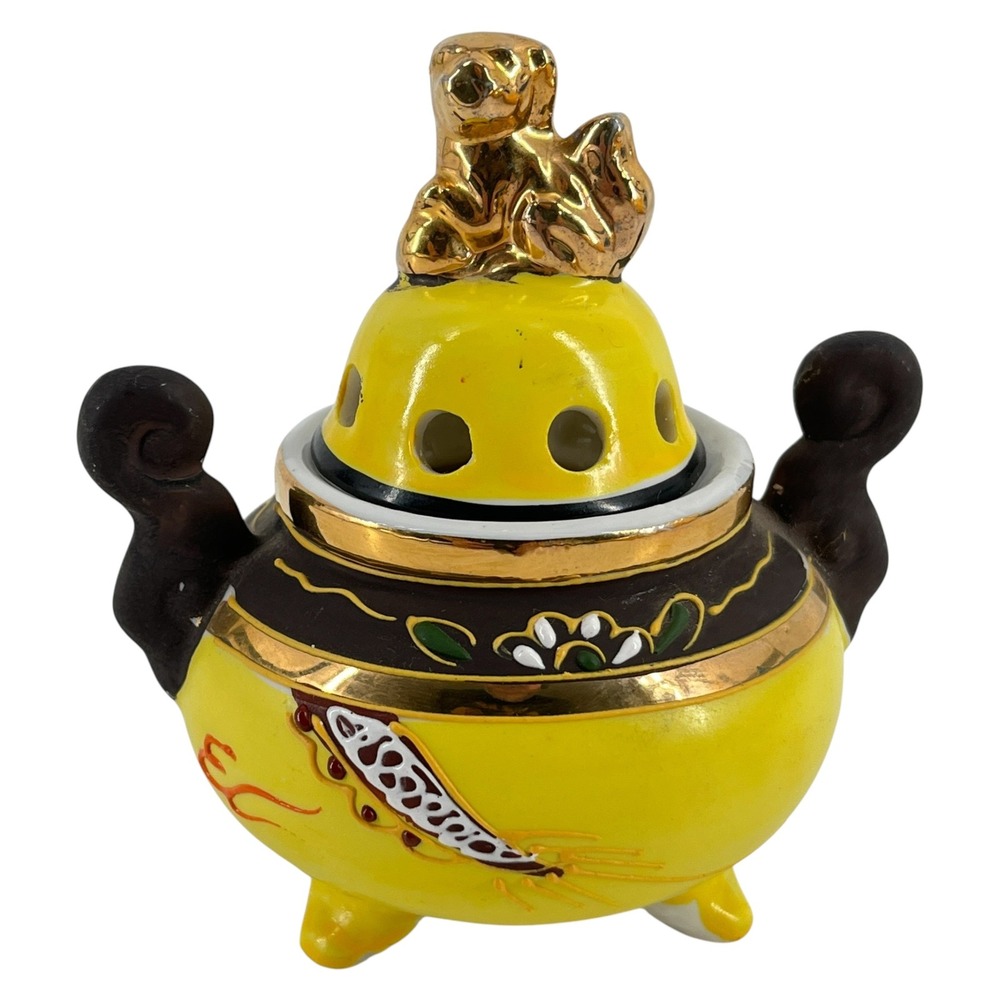 Vintage Quon-Quon Japan Ceramic Incense Burner Yellow Dragon Foo Dog Finial